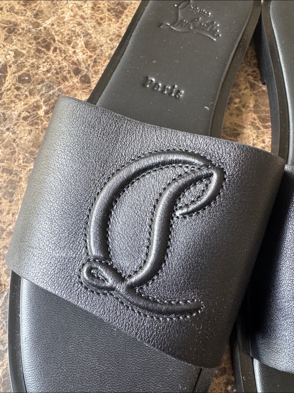 Christian Louboutin cl mule flat black leather logo sandal sz 38.5 - Picture 6 of 10